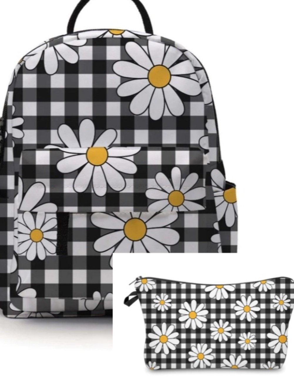 Mini Daisy Check Backpack and Pouch Set - Black & White